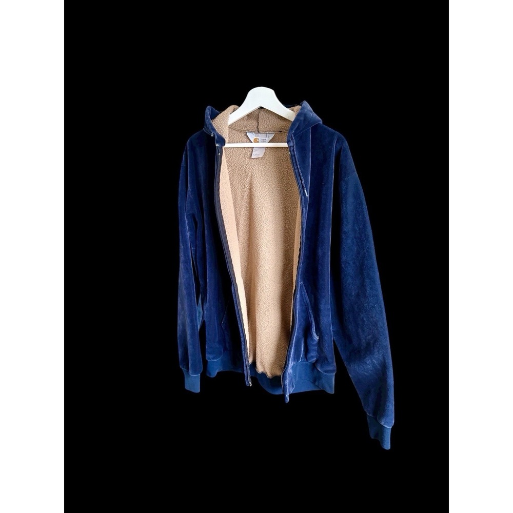 Vintage Carhartt 763 Blue Velour Hooded Zip‎ Up Jacket Blue Sz XL *Zip Broken